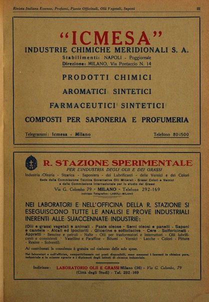 Rivista italiana essenze, profumi, piante officinali, olii vegetali, saponi organo di propaganda del gruppo produttori materie aromatiche della Federazione nazionale fascista degli industriali dei prodotti chimici