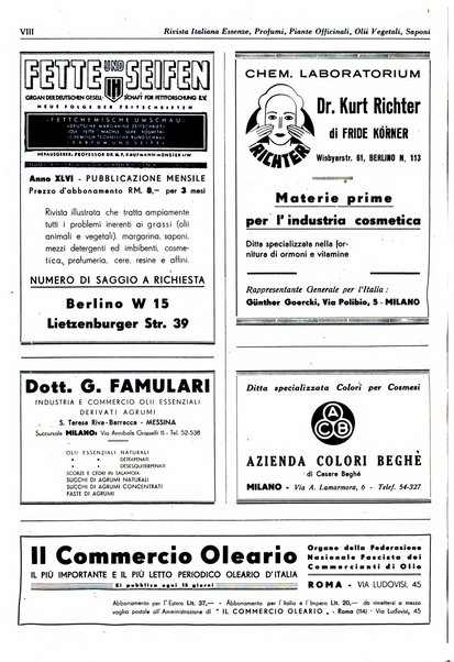 Rivista italiana essenze, profumi, piante officinali, olii vegetali, saponi organo di propaganda del gruppo produttori materie aromatiche della Federazione nazionale fascista degli industriali dei prodotti chimici