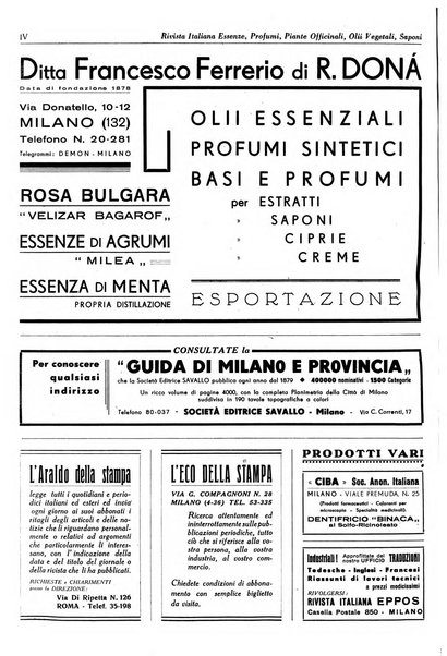 Rivista italiana essenze, profumi, piante officinali, olii vegetali, saponi organo di propaganda del gruppo produttori materie aromatiche della Federazione nazionale fascista degli industriali dei prodotti chimici