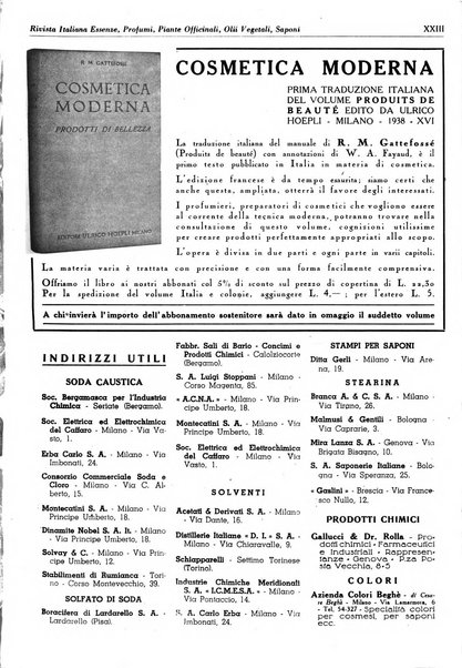 Rivista italiana essenze, profumi, piante officinali, olii vegetali, saponi organo di propaganda del gruppo produttori materie aromatiche della Federazione nazionale fascista degli industriali dei prodotti chimici