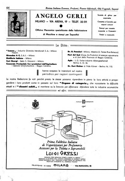 Rivista italiana essenze, profumi, piante officinali, olii vegetali, saponi organo di propaganda del gruppo produttori materie aromatiche della Federazione nazionale fascista degli industriali dei prodotti chimici