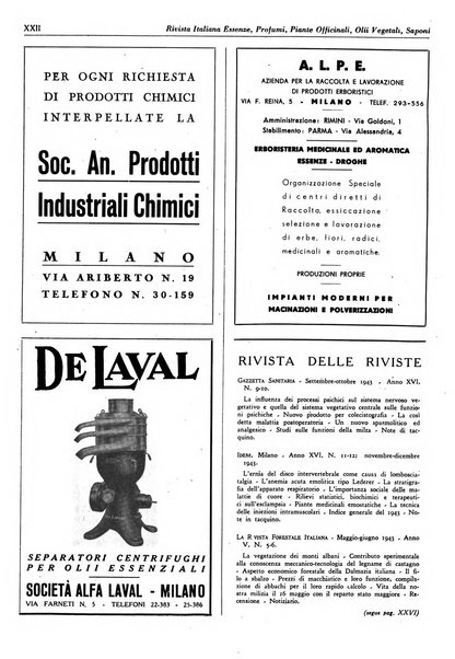 Rivista italiana essenze, profumi, piante officinali, olii vegetali, saponi organo di propaganda del gruppo produttori materie aromatiche della Federazione nazionale fascista degli industriali dei prodotti chimici