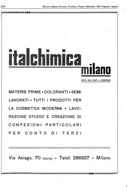 Rivista italiana essenze, profumi, piante officinali, olii vegetali, saponi organo di propaganda del gruppo produttori materie aromatiche della Federazione nazionale fascista degli industriali dei prodotti chimici