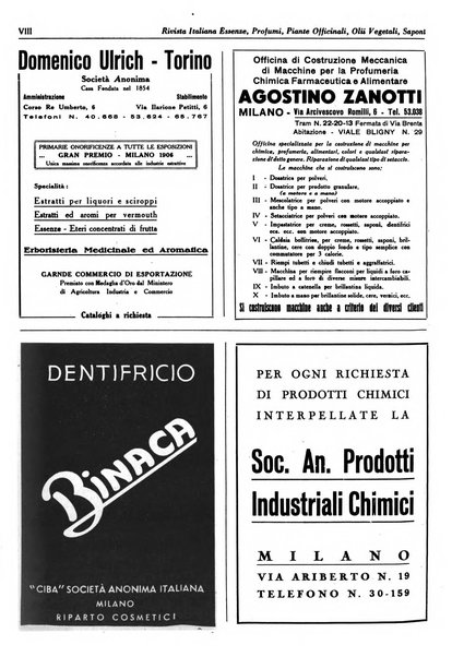 Rivista italiana essenze, profumi, piante officinali, olii vegetali, saponi organo di propaganda del gruppo produttori materie aromatiche della Federazione nazionale fascista degli industriali dei prodotti chimici