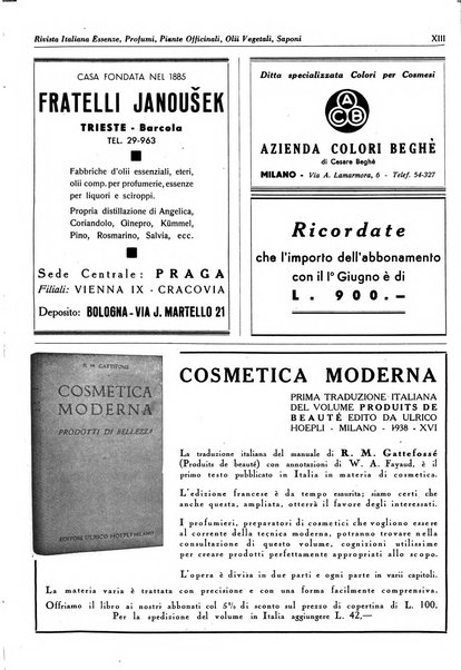 Rivista italiana essenze, profumi, piante officinali, olii vegetali, saponi organo di propaganda del gruppo produttori materie aromatiche della Federazione nazionale fascista degli industriali dei prodotti chimici