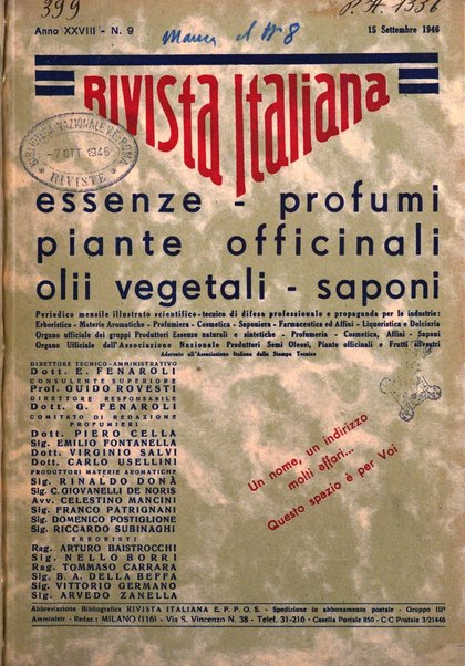 Rivista italiana essenze, profumi, piante officinali, olii vegetali, saponi organo di propaganda del gruppo produttori materie aromatiche della Federazione nazionale fascista degli industriali dei prodotti chimici