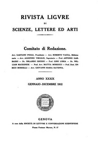 Rivista ligure di scienze, lettere ed arti organo della Società di letture e conversazioni scientifiche di Genova