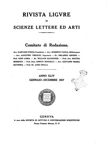 Rivista ligure di scienze, lettere ed arti organo della Società di letture e conversazioni scientifiche di Genova