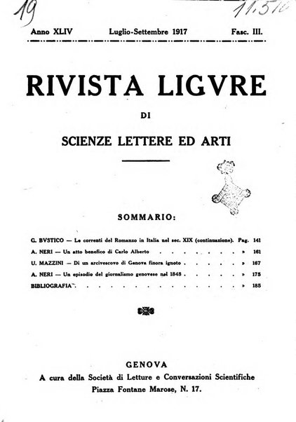 Rivista ligure di scienze, lettere ed arti organo della Società di letture e conversazioni scientifiche di Genova