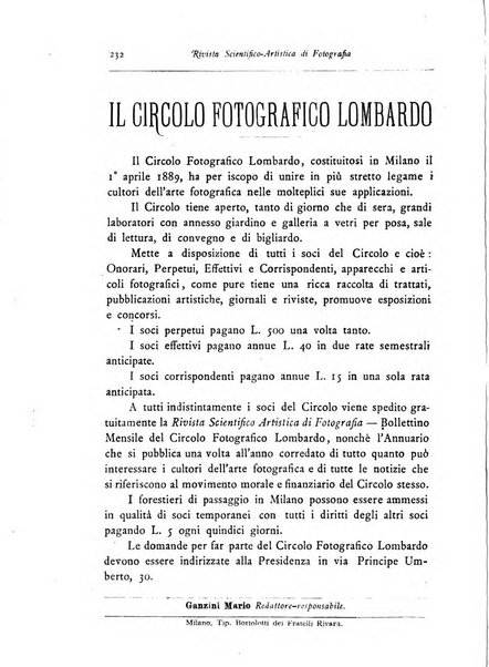 Rivista scientifico artistica di fotografia bollettino del Circolo fotografico lombardo