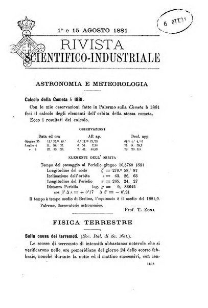 Rivista scientifico-industriale delle principali scoperte ed invenzioni fatte nelle scienze e nelle industrie