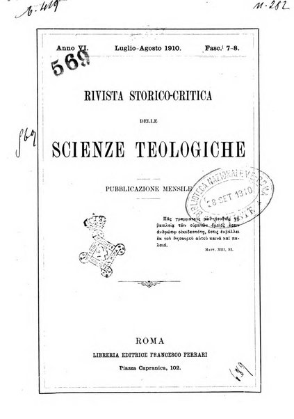 Rivista storico-critica delle scienze teologiche pubblicazione mensile