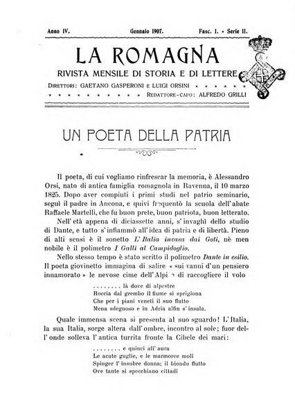 La Romagna rivista mensile di storia e di lettere diretta da Gaetano Gasperoni e da Luigi Orsini