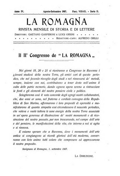 La Romagna rivista mensile di storia e di lettere diretta da Gaetano Gasperoni e da Luigi Orsini