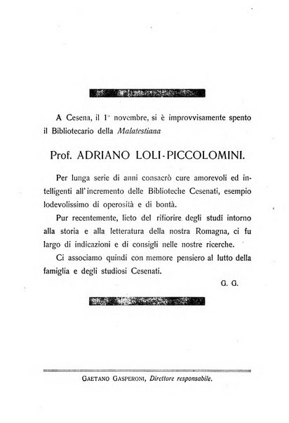 La Romagna rivista mensile di storia e di lettere diretta da Gaetano Gasperoni e da Luigi Orsini