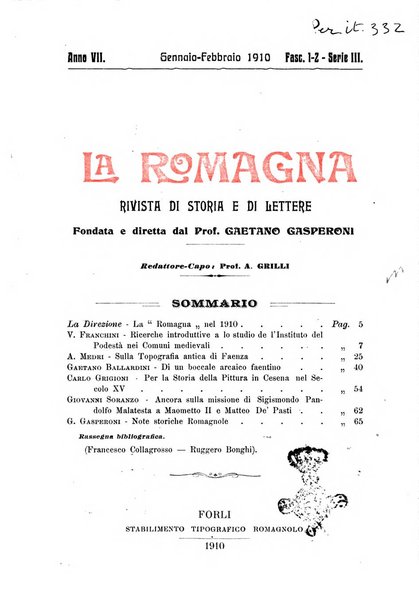 La Romagna rivista mensile di storia e di lettere diretta da Gaetano Gasperoni e da Luigi Orsini