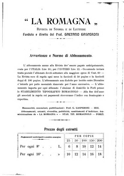 La Romagna rivista mensile di storia e di lettere diretta da Gaetano Gasperoni e da Luigi Orsini