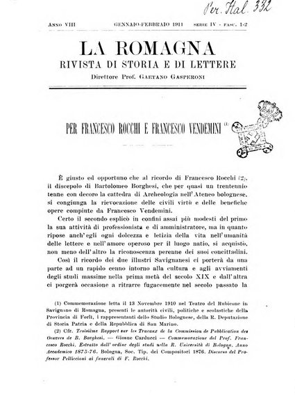 La Romagna rivista mensile di storia e di lettere diretta da Gaetano Gasperoni e da Luigi Orsini