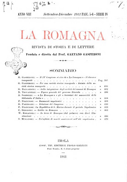 La Romagna rivista mensile di storia e di lettere diretta da Gaetano Gasperoni e da Luigi Orsini