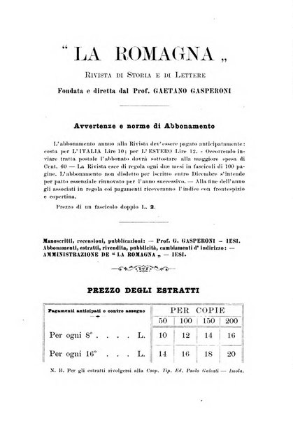 La Romagna rivista mensile di storia e di lettere diretta da Gaetano Gasperoni e da Luigi Orsini