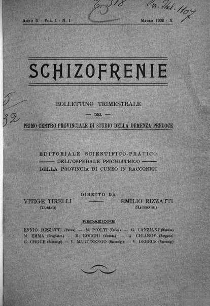 Schizofrenie bollettino trimestrale del primo Centro Provinciale di studio della demenza precoce