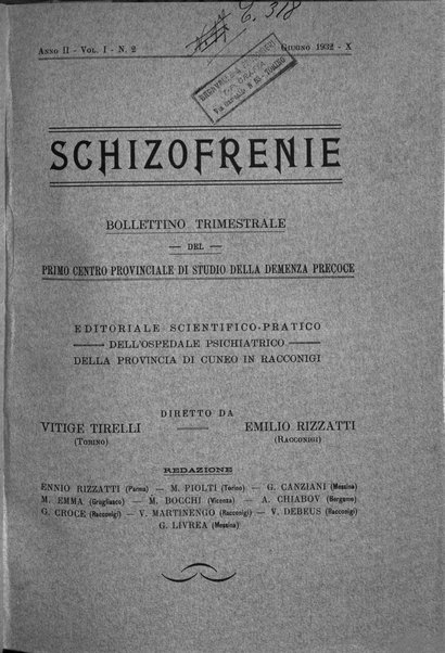 Schizofrenie bollettino trimestrale del primo Centro Provinciale di studio della demenza precoce