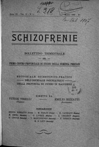 Schizofrenie bollettino trimestrale del primo Centro Provinciale di studio della demenza precoce