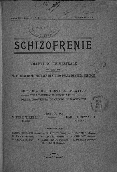 Schizofrenie bollettino trimestrale del primo Centro Provinciale di studio della demenza precoce