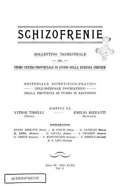 Schizofrenie bollettino trimestrale del primo Centro Provinciale di studio della demenza precoce