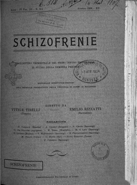 Schizofrenie bollettino trimestrale del primo Centro Provinciale di studio della demenza precoce