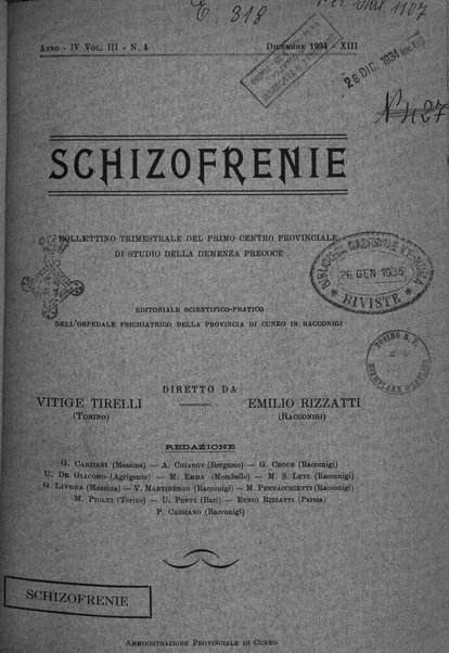 Schizofrenie bollettino trimestrale del primo Centro Provinciale di studio della demenza precoce