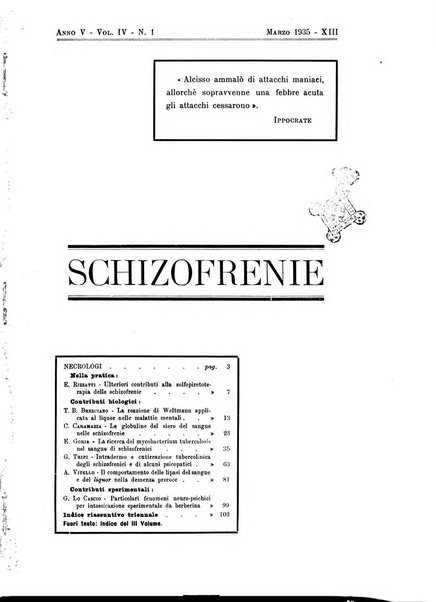 Schizofrenie bollettino trimestrale del primo Centro Provinciale di studio della demenza precoce