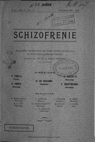 Schizofrenie bollettino trimestrale del primo Centro Provinciale di studio della demenza precoce