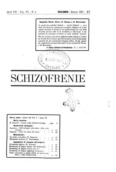 Schizofrenie bollettino trimestrale del primo Centro Provinciale di studio della demenza precoce