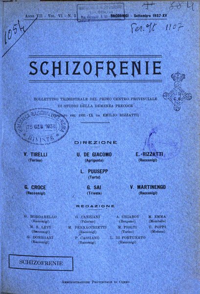 Schizofrenie bollettino trimestrale del primo Centro Provinciale di studio della demenza precoce