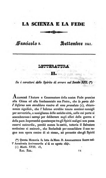 La scienza e la fede raccolta religiosa, scientifica, letteraria ed artistica, che mostra come il sapere umano rende testimonianza alla religione cattolica