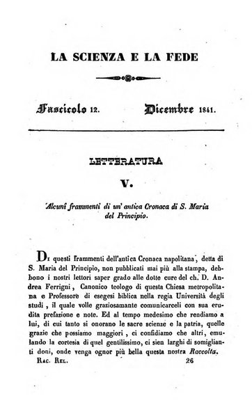 La scienza e la fede raccolta religiosa, scientifica, letteraria ed artistica, che mostra come il sapere umano rende testimonianza alla religione cattolica