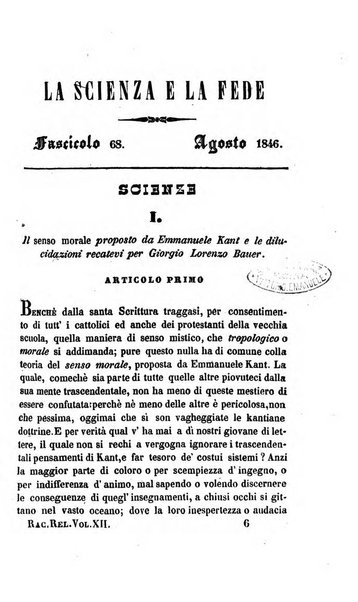 La scienza e la fede raccolta religiosa, scientifica, letteraria ed artistica, che mostra come il sapere umano rende testimonianza alla religione cattolica