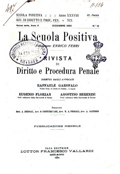 La scuola positiva rivista di diritto e procedura penale