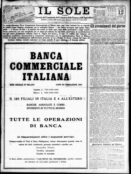 Il sole : giornale commerciale, agricolo, industriale... : organo ufficiale della Camera di commercio e industria di Milano ...