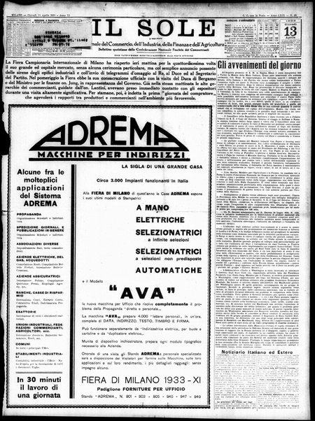 Il sole : giornale commerciale, agricolo, industriale... : organo ufficiale della Camera di commercio e industria di Milano ...