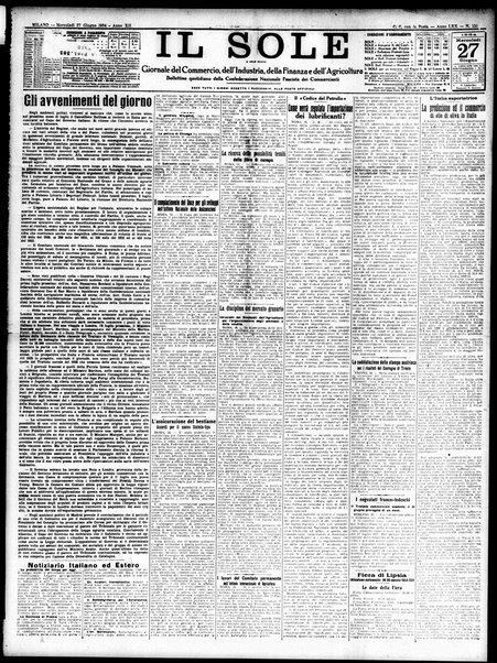 Il sole : giornale commerciale, agricolo, industriale... : organo ufficiale della Camera di commercio e industria di Milano ...