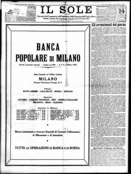 Il sole : giornale commerciale, agricolo, industriale... : organo ufficiale della Camera di commercio e industria di Milano ...