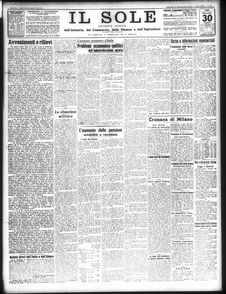 Il sole : giornale commerciale, agricolo, industriale... : organo ufficiale della Camera di commercio e industria di Milano ...