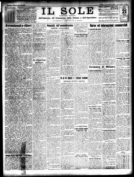 Il sole : giornale commerciale, agricolo, industriale... : organo ufficiale della Camera di commercio e industria di Milano ...