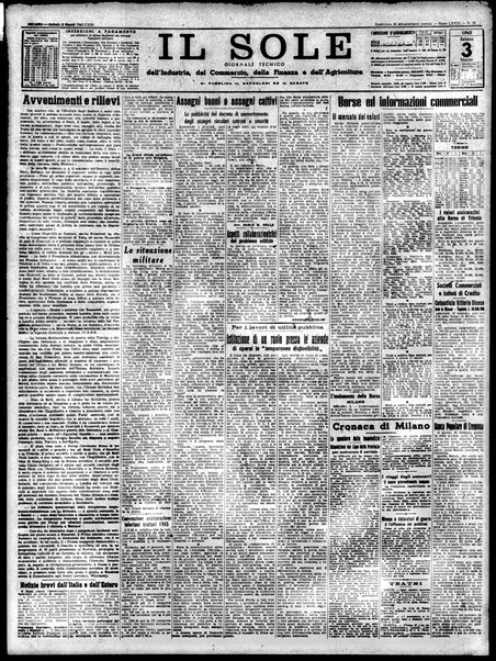 Il sole : giornale commerciale, agricolo, industriale... : organo ufficiale della Camera di commercio e industria di Milano ...
