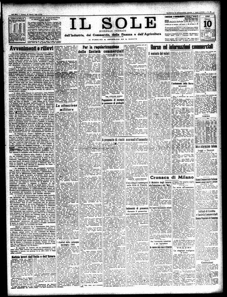 Il sole : giornale commerciale, agricolo, industriale... : organo ufficiale della Camera di commercio e industria di Milano ...