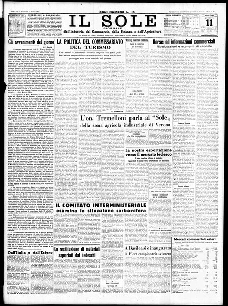 Il sole : giornale commerciale, agricolo, industriale... : organo ufficiale della Camera di commercio e industria di Milano ...