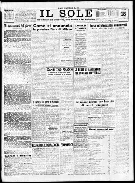 Il sole : giornale commerciale, agricolo, industriale... : organo ufficiale della Camera di commercio e industria di Milano ...