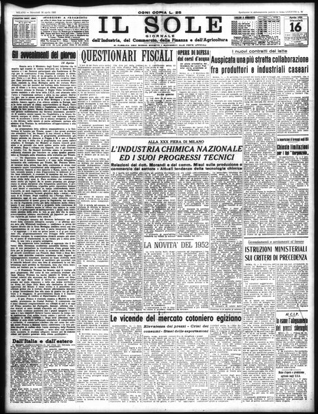 Il sole : giornale commerciale, agricolo, industriale... : organo ufficiale della Camera di commercio e industria di Milano ...